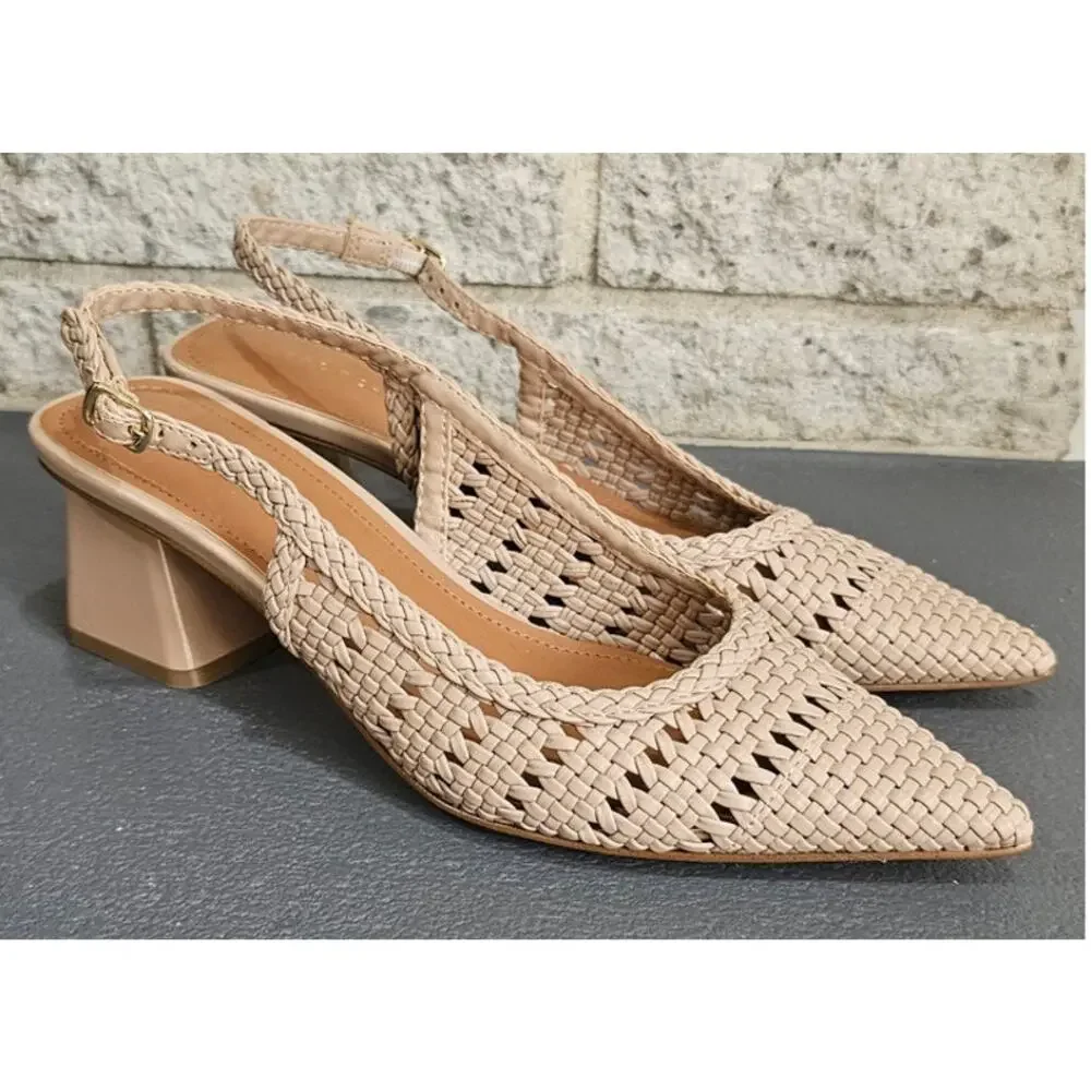 Marc Fisher Zunnie Block Heel Woven Leather Slingback Pump, Pointed Toe, Sz 8.5